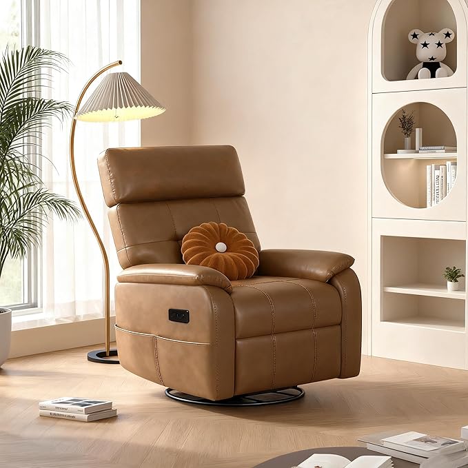 Overized Power Swivel Rocker Recliner Chair,PU Leather Sofa Reclining for Adults,Adjustable Rocker Reclining Sofa Lounge with USB&Type-C Ports,Side Pocket,for Living Room,Light Brown