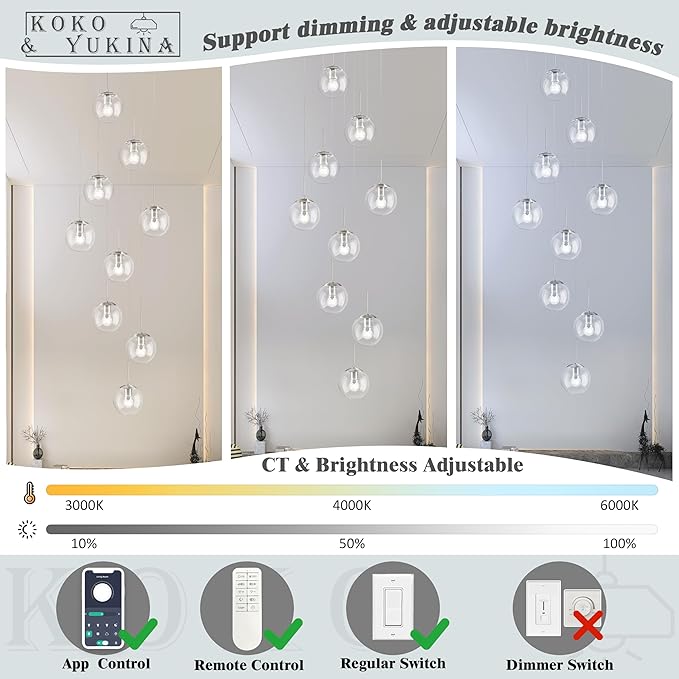 KoKo&Yukina 9-Light Globe Glass Pendant Light Adjustable Length Pendant Lights Fixtures Modern Nickel Clear Globe Glass Chandelier High Ceiling Lights Fixtures for Staircase (Bulb & Remote Incl.)
