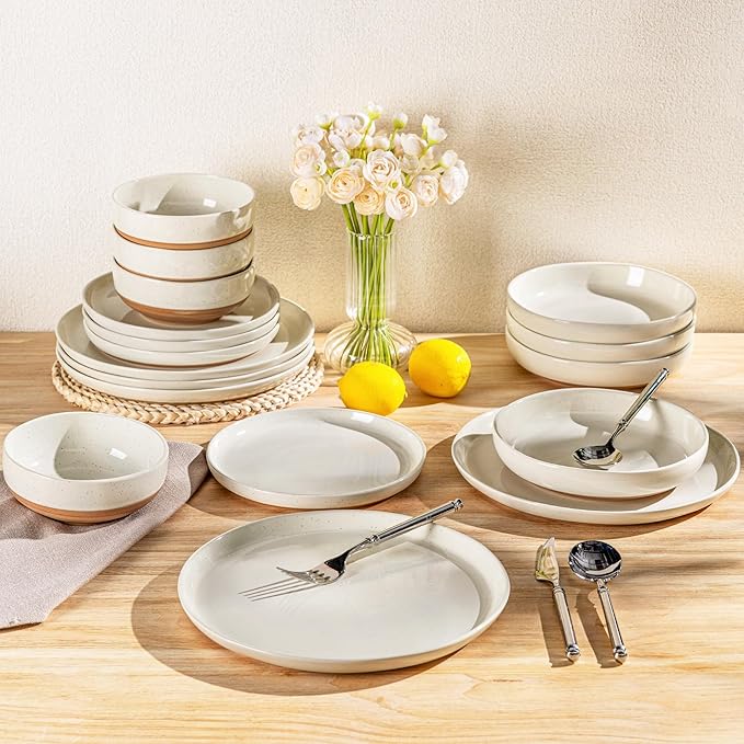 AmorArc 16 Pieces Ceramic Dinnerware Sets for 4, Handpainted Plates and Bowls Set with Rustic Terracotta Underside, Scratch Resistant Stoneware Dishes Set, Dishwasher & Microwave Safe, Light Beige
