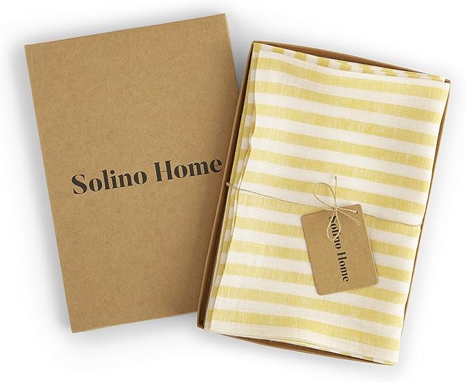 Solino Home Linen Napkins Set of 4-100% Pure Linen Amalfi Stripe Primrose Yellow and White Cloth Dinner Napkins 20 x 20 Inch - Handcrafted and Machine Washable