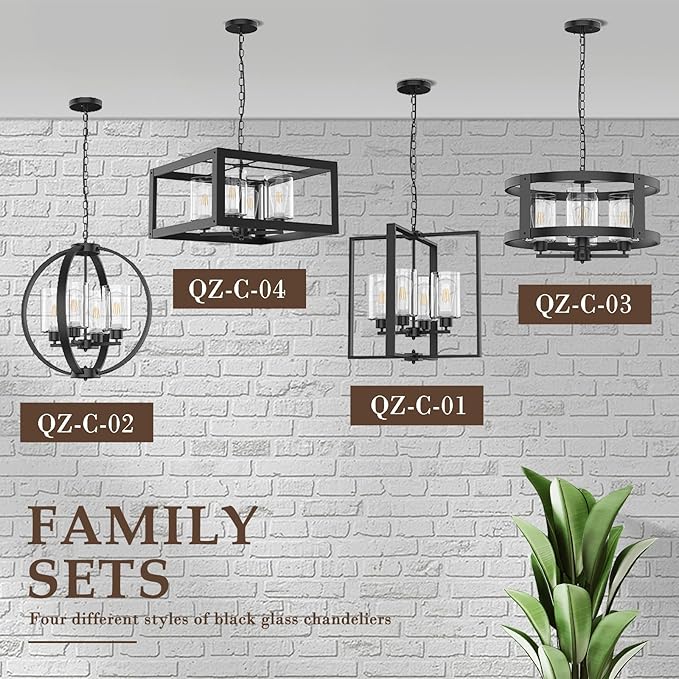 4-Light Black Chandelier, 19" Farmhouse Chandeliers Light Fixture with Glass Shade Lighting Fixtures Modern Ceiling Pendant Lamp for Dining Room Kitchen Island Entrance Bedroom Living Room