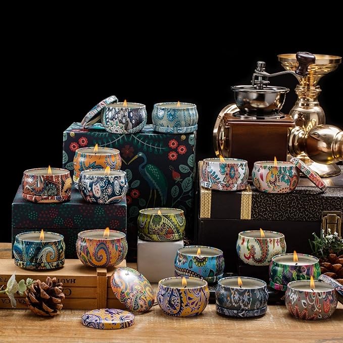 Scented Candles Gift Set, Natural Soy Wax Portable Travel Tin with Strongly Fragrance Essential Oils for Stress Relief and Aromatherapy - 16 Pack