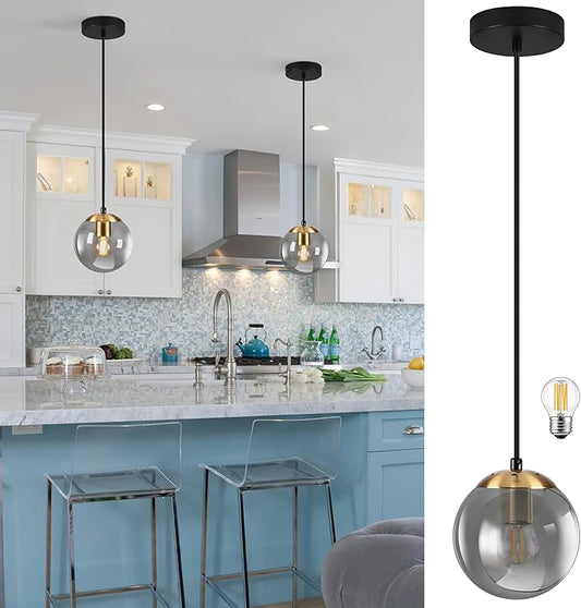 KoKo&Yukina 6 Inch Globe Pendant Light Gold Globe Pendant Lights Kitchen Island Mid Century Light Fixture with Grey Glass Shade for Dining Room