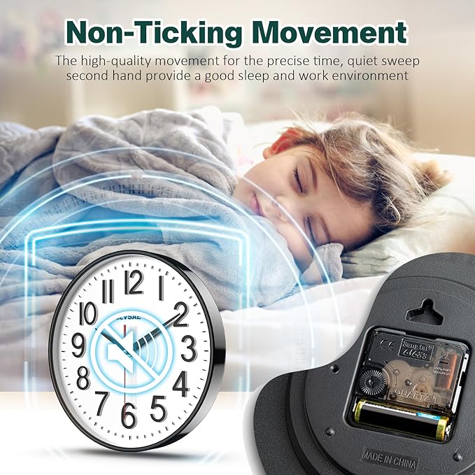 Wall Clock 12 Inches Non-Ticking Wall Clocks Battery Operated Large Easy to Read with Stereoscopic Dial Ultra-Quiet Movement Quartz for Office Classroom School Home Bedroom Kitchen