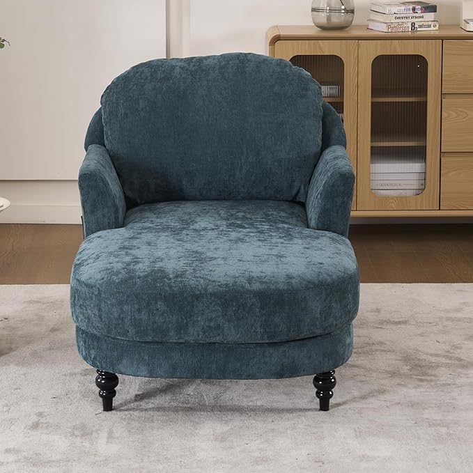 Chaise Lounge Chair Indoor, 59.8" Oversized Couch Reading Chairs, Chenille Comfortable Deep Sleeping Single Sofa, Upholstered Modern Couch Sofa Bed for Living Room, Bedroom & Apartment (Blue)