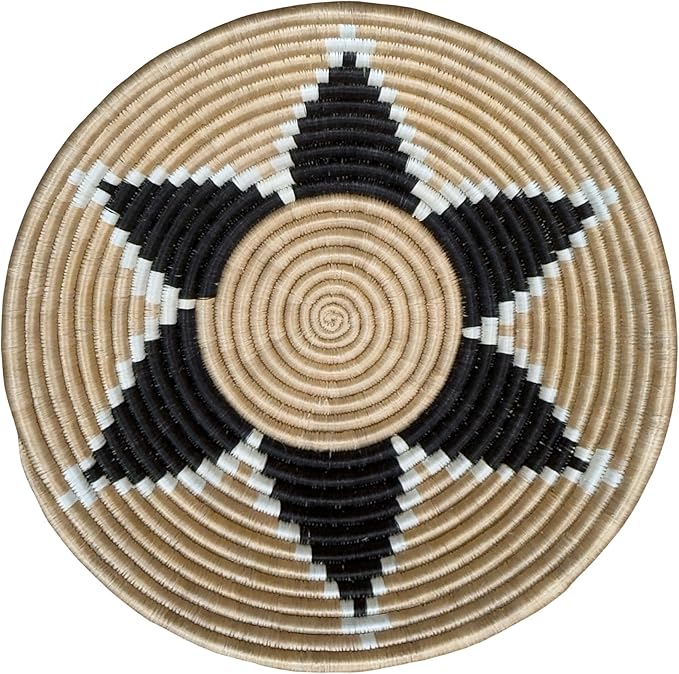 Handwoven African Basket Handmade sisal Fruit Bowl Wall Hanging decorative Baskets for Home Living Room Kitchen Centerpiece Zen Designs Arts and Crafts (Tan Black Natural, 12in diameter)