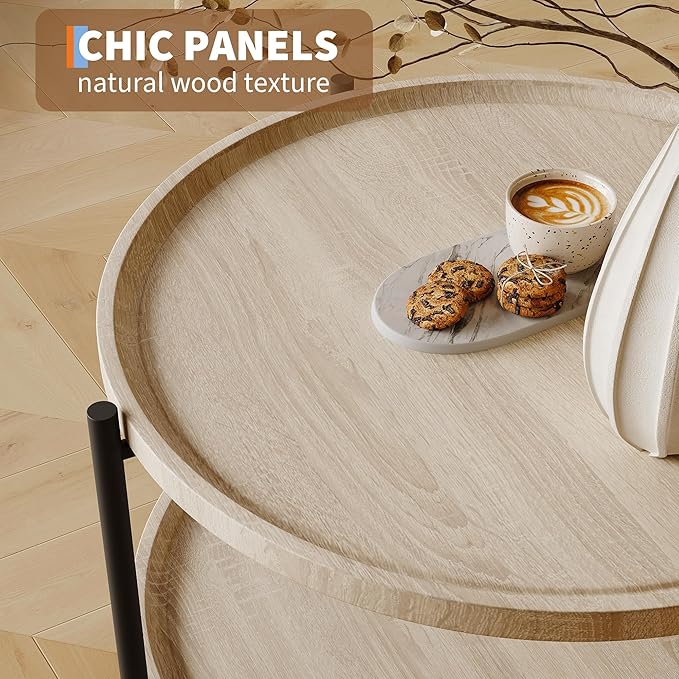 Round Coffee Table for Living Room, Rustic Wood Desktop Center Table with Sturdy Metal Legs, 2-Tier Circle Coffee Table with Storage Shelf, Small Space Center Sofa Table, Modern Home Furniture