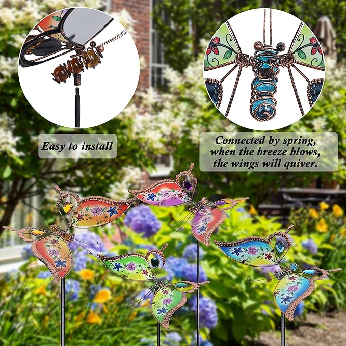 Juegoal Set of 4 Butterfly Garden Stake Decor, 32" Metal Colorful Butterflies Stakes, Yard Art Ornaments for Mom, Mothers Day Ideal Gifts, Outdoor Lawn Porch Pathway Patio Plant Pot Flower Bed