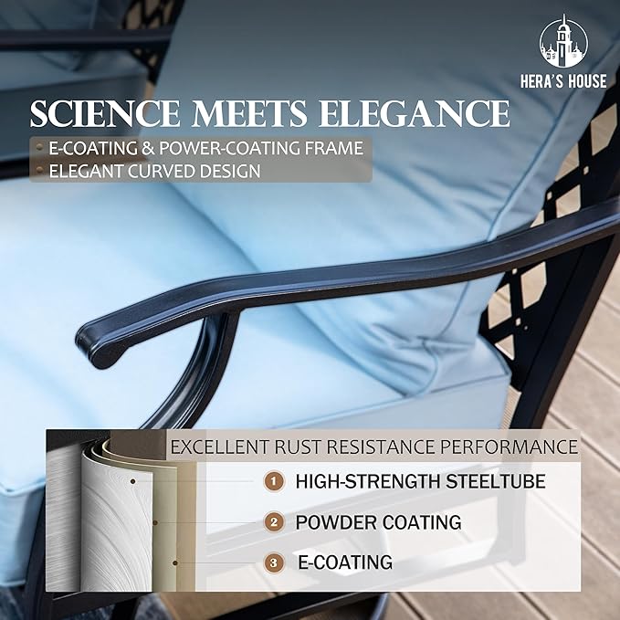 HERA'S HOUSE 6 Piece Patio Furniture Set, 2 x Rocking Cushioned Chair, 2 x Cushioned Ottoman, 1 x 3-Seat Sofa with Marbling Coffee Table, Outdoor Conversation Set for Lawn Garden Backyard, Blue