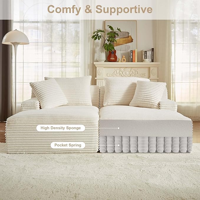GNIXUU 78.8" Corduroy Boneless Chaise Lounges Sofa, Oversized Double Lounge Chair Indoor, Fluffy Upholstered Cloud Loveseat Sleeper Couch Bed for Living Room Bedroom Reading(Beige)