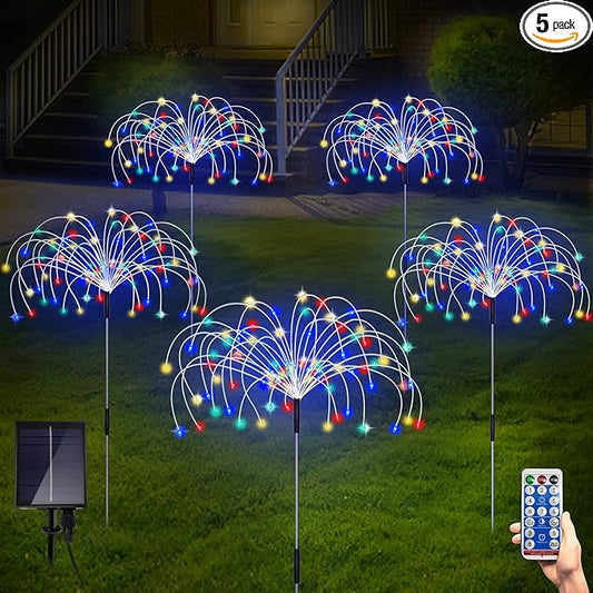 Solar Garden Lights, Outdoor Firework Lights, 5 Pack 120 LED Decorative Stake with Remote, 8 Modes DIY Landscape Light Waterproof Lamps for Walkway Pathway Backyard Lawn(Colorful)