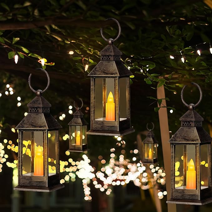 Hoolerry 24 Set Halloween Mini Lanterns with LED Candles 5.5'' Decorative Hanging Small Vintage Lantern Centerpiece Battery Powered for Wedding Table(Rustic)