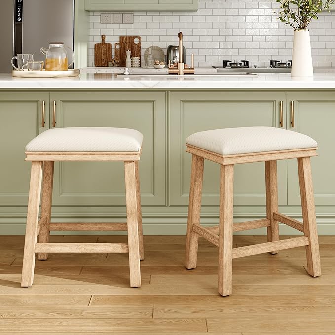MAISON ARTS Off White Counter Height 24 inch Bar Stools Set of 2 for Kitchen Counter Solid Wood Legs with Faux Leather Padded Seat Farmhouse Barstools for 34"-38" Counter Island Upholstered Stools