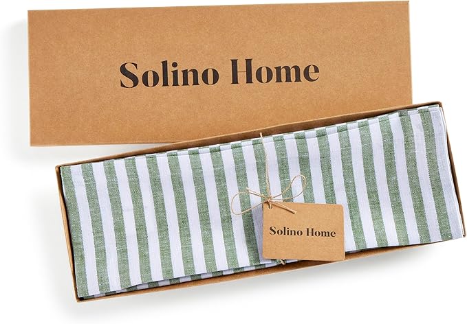 Solino Home Linen Cloth Placemats Set of 4 - Amalfi Stripe 100% Pure Linen Green and White Farmhouse Placemats 14 x 19 Inch for Fall, Autumn, Christmas, Holiday