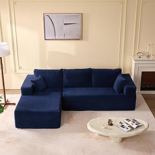 107" Boneless Couch with Deep Seat, Modular Sectional Sofa, Cloud Sectional Couch for Living Room, No Assembly Required, Corduroy, L-Shape Left，Blue