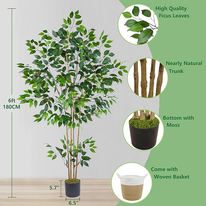 Artificial Ficus Tree, 6ft Tall Silk Fake Ficus Leaves Plant with Basket, Indoor Outdoor Faux Greenery Tree for Home Garden Office House Livingroom Décor