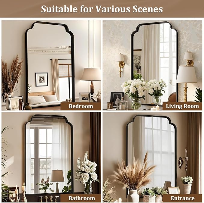 30X48 Inch Black Bathroom Mirror for Wall, Modern Rounded Corner Rectangle Mirror with Non-Rusting Iron Metal Framed Bathroom Vanity Mirror for Over Sink Wall Decor