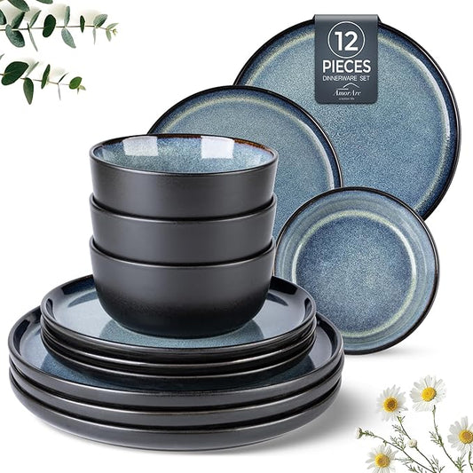 AmorArc Stoneware Dinnerware Sets,Round Reactive Glaze Plates and Bowls Set,Highly Chip and Crack Resistant | Dishwasher & Microwave Safe Dishes Set,Service for 4 (12pc)