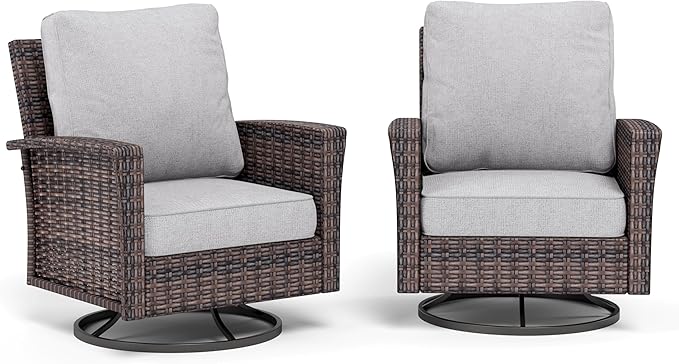 Patio Wicker Swivel Chairs Set of 2, Outdoor High Back Chairs with 5.5" Waterproof Cushions, Outdoor Furniture Set for Deck Porch and Yard, Peacock Blue