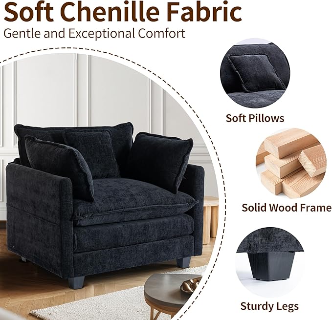 SweetGO corporation 40" Chenille Lounge Chair for Reading, Modern Couch Cozy Sofa Bed, Upholstered Living Room Single Sofa Accent Chair with Ottoman Set of 2, Black