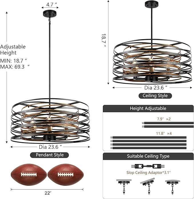6-Light Dining Room Chandeliers Farmhouse，23.6" Large Black Farmhouse Chandelier，Wood Grain and Vintage Black Dining Room Light Fixture for Kitchen Entryway Living Room