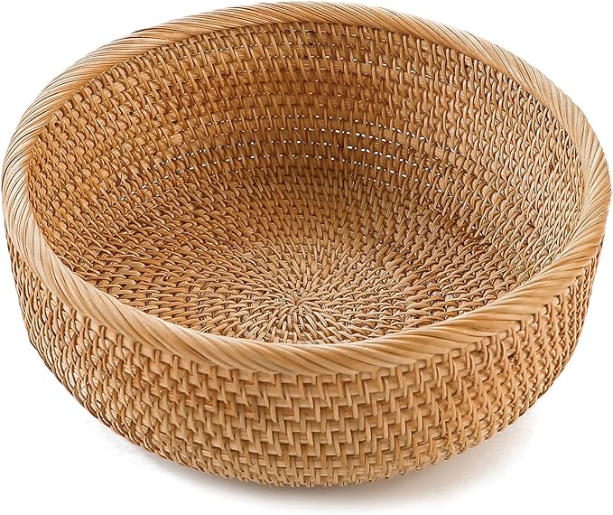 HITOMEN Handmade Rattan Bread Baskets Round Wicker Fruit Serving Storage Bowls, Natural Woven Decorative Kitchen Counter Organizing (Honey Brown) L-10.3"