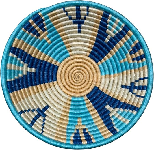 Handwoven African Basket Handmade sisal Fruit Bowl Wall Hanging decorative Baskets for Home Living Room Kitchen Centerpiece Zen Designs Arts and Crafts (Dark Blue Tan Teal, 10in diameter)