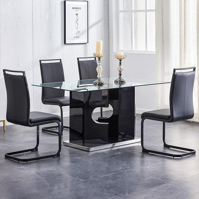 Glass Dining Room Table Set for 4,Dining Table Set for 4 with PU Leather Chairs,Retangular Dining Table with MDF Table Legs and Sliver Base for Dining Room