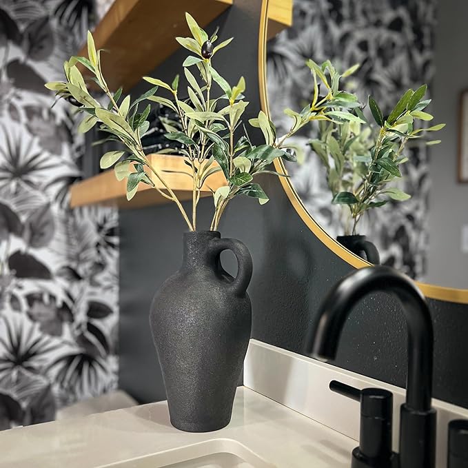Luxurious Gift Set Textured Ceramic Vase 10 Inch with Olive Branches 22 Inch Tall Black Medium Vase Artificial Topiaries Fake Plants, Minimalist Shelf Decor, Neutral Home Office High End Gifting Decor