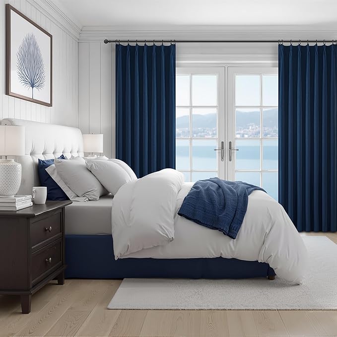 Navy Blue Blackout Curtains 90 Inch Length for Kids/Boys Rooms/Bedroom, Pinch Pleated Drapes with Hooks Viral Linen Thermal Coastal Curtain Dark Blue Window Burg (40" Wx90 Lx 2 Panels)