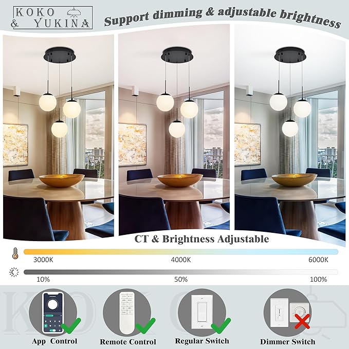 KoKo&Yukina 3 Light Globe Glass Pendant Light Modern Black Globe Chandelier Adjustable Length Pendant Light Fixtures Milky White Glass Ceiling Light for Foyer Hallway