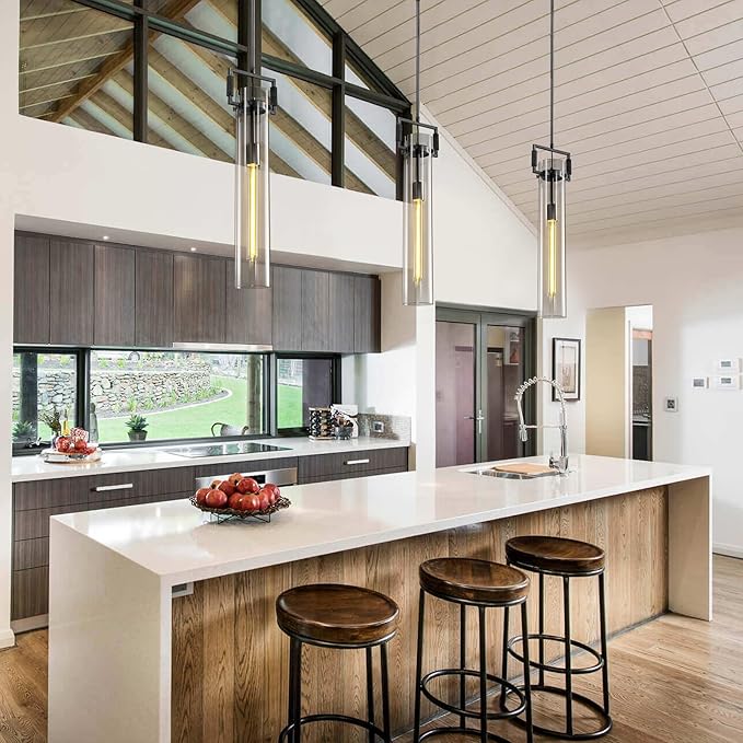 Black Pendant Lights,Modern Glass Pendant Lights Kitchen Island 2 Pack,21.6'' Farmhouse Kitchen Pendant Lighting Over Island for Dining Table,Bathroom,Bedroom