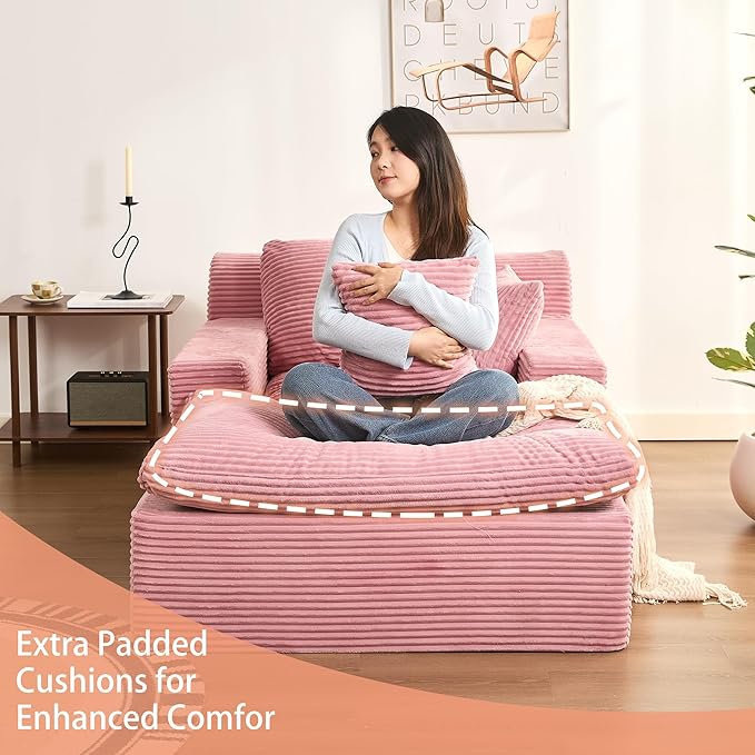 63" Oversized Chaise Lounge Chair Indoor, Extra Cloud Layer, Convertible Sleeper Sofa Couch with Removable Pillows & Side Pockets, Corduroy Upholstered Sofa Bed with Armrests for Living Room, Pink