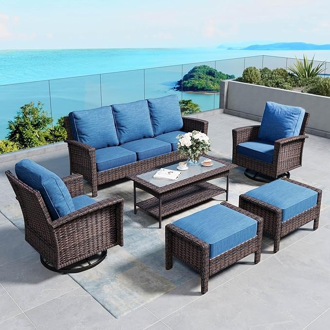 6 Piece Patio Furniture Set with Swivel Chairs, High Back Wicker Rattan Sofa with Extra Thick Cushion, Coffee Table and Ottoman, Outdoor Conversation Set for Backyard Deck, Blue