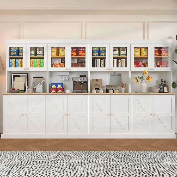 71" Farmhouse Kitchen Pantry Cabinet Set of 4, White Freestanding Coffee Bar with Glass Doors, Microwave Stand, Large Storage Hutch with Adjustable Shelves for Kitchen or Living Room