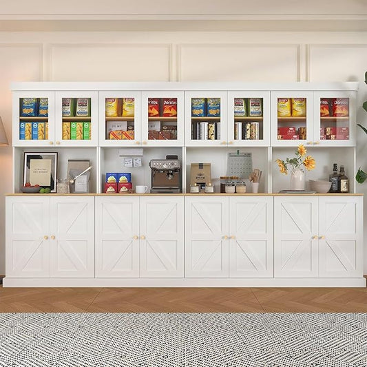 71" Farmhouse Kitchen Pantry Cabinet Set of 4, White Freestanding Coffee Bar with Glass Doors, Microwave Stand, Large Storage Hutch with Adjustable Shelves for Kitchen or Living Room