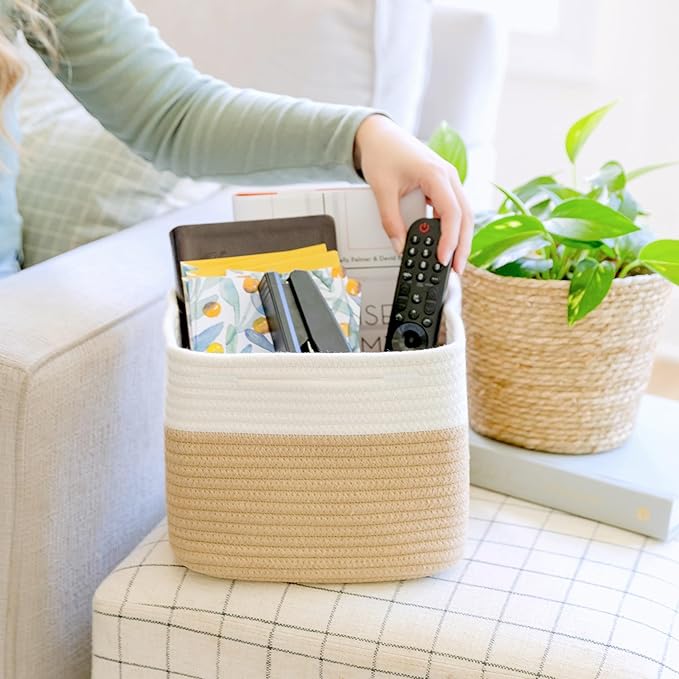 NaturalCozy Storage Cubes 9”x9”x7”Cotton Rope Woven Baskets for Organizing 3-Pack | 9 Inch Cube Storage Bin | Small Basket for Shelf Nursery, Pantry, Decorative Plant, Bathroom Closet, Toy Gift