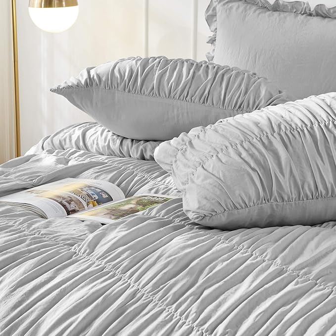 Bonlino King Size Comforter Set Bedding - Ruched Light Grey Comforter King Bed Set Boho Shabby Chic Comforter Fluffy 3 Piece Ruffle Comforter Set Pillow Girl Bedding Soft and Luxury