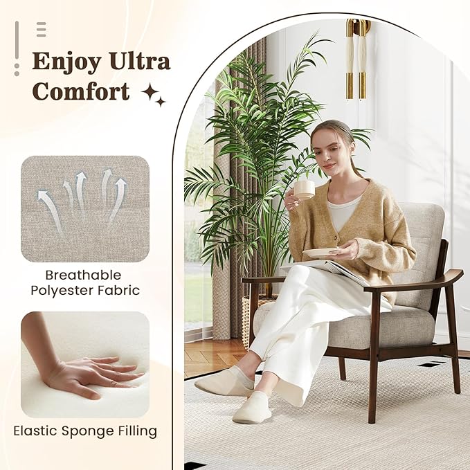 Giantex Mid Century Modern Accent Chair, Max Load 440 LBS Upholstered Living Room Chair with Rubber Wood Armrests & Legs, Removable Back Cushion, Comfy Reading Arm Chair for Living Room, Bedroom