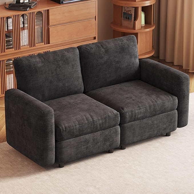 2-Seat Modular Sofa Couch Grey with Ergonomic Cushions, Convertible Sleeper Sectional for Living Room Bedroom Apartment, Cloud Futon Lounge Furniture Set for Small Spaces Compact Loveseat