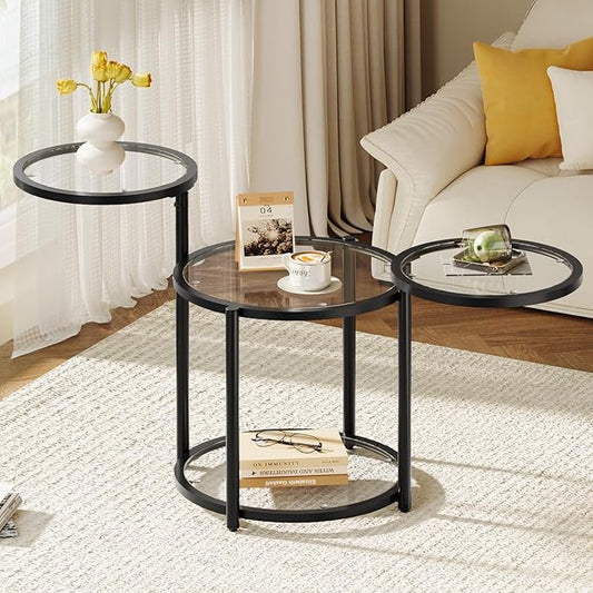 Round Glass Coffee Table - 4 Tier Coffee Tables for Living Room with Rotating Top, Circle Coffee Table with Storage, Modern Clear Center Table with Metal Frame for Small Space, Office, Black