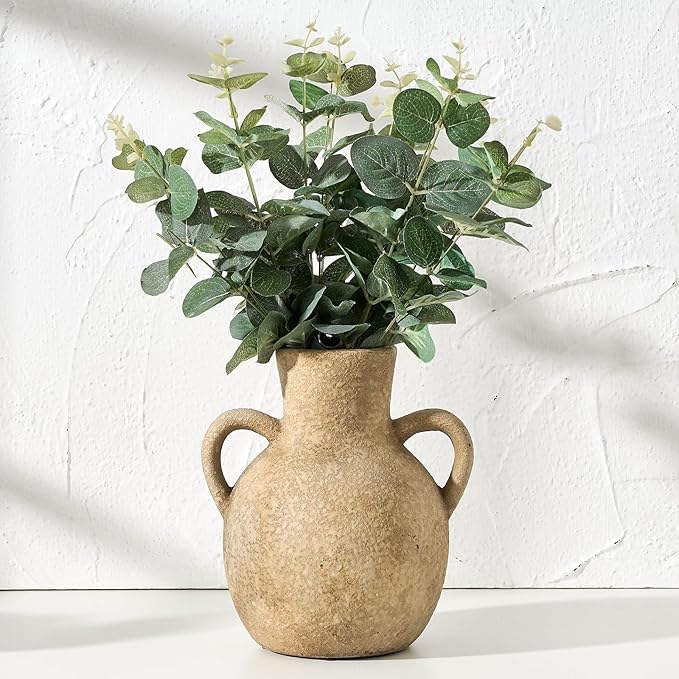 SIDUCAL Rustic Ceramic Farmhouse Flower Vase with 2 Handles, Terracotta Vase, Decorative Pottery Flower for Home Decor, Table, Wedding, Living Room, Shelf Decor, 7.3 Inch, Brown
