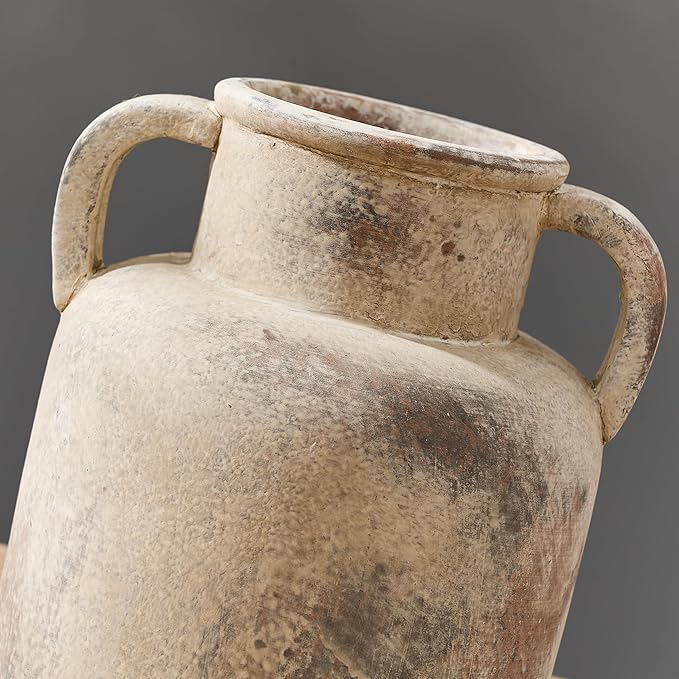 Antique Ceramic Vase with 2 Handles, 6.1 Inch Farmhouse Rustic Flower Vase, Small Vintage Terra Cotta Vases for Home Decor, Wedding, Living Room, Table, Shelf Decor, Neutral
