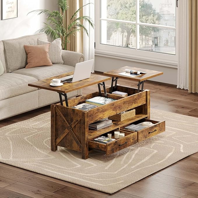 Seventable Coffee Table, 39.3" Lift Top Coffee Table with 2 Storage Drawers and Hidden Compartment, Farmhouse Center Table with Wooden Lift Tabletop, for Living Room,Rustic Brown