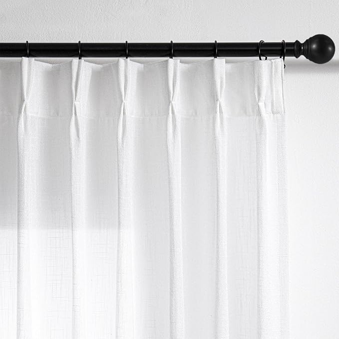 MYSKY HOME Patio White Curtains for Sliding Door 90 inch Length 2 Panels Living Room Curtains & Drapes Soft Cotton Farmhouse Window Treatments Pinch Pleated Linen Look Semi Sheer Draperies, 40W x 90L