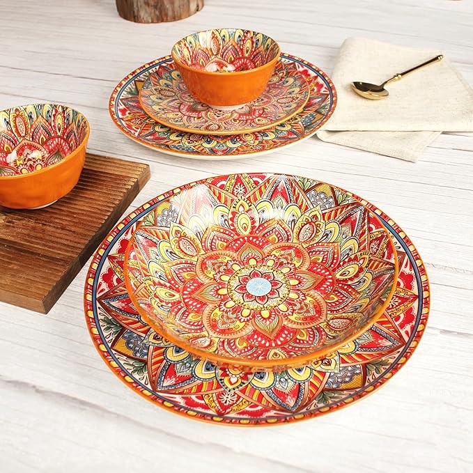 YA JU Mandala Dinnerware Sets (12 Pcs) Serves 4, Buffet Dinnerware, Boho Plates and Bowls Dish Set with 8" salad Plate 10" dinner Plate 4.8" bowl, apply Casual dining Indoor Outdoor Dining Part