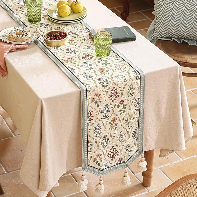 ISAENNE Designer Vintage Elegant Linen Table Runner 87 Inches Long,Colorful Wildflower Pattern Runner,Decor Table Runners for Dining Tables,Thanksgiving,Christmas,Banquet,12"*87"-Serenity B