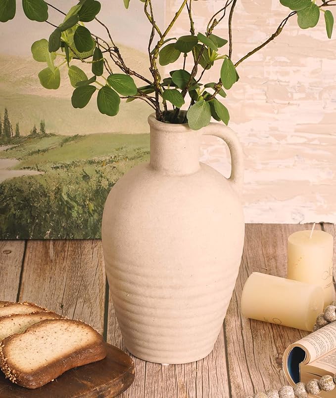 White Ceramic vase with Handle, 10inch Boho Unique Textured Pottery, Rustic Farmhouse Decorative Terracotta vases for Flowers, Centerpieces, Living Room.