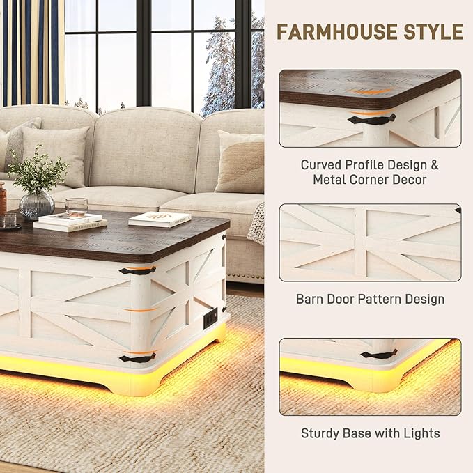 36" Farmhouse LED Lift Top Coffee Table with Storage and Power Outlets, Square Wood Living Room Tables with LED Lights & Large Hidden Space, Lift Wooden Barn Door Center Table, Rustic White