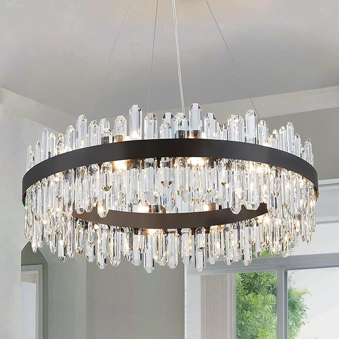 Round Modern Crystal Chandelier, Black Luxury K9 Crystal Raindrop Chandelier, Adjustable Height Pendant Ceiling Light for Dining Living Room Kitchen Island D30